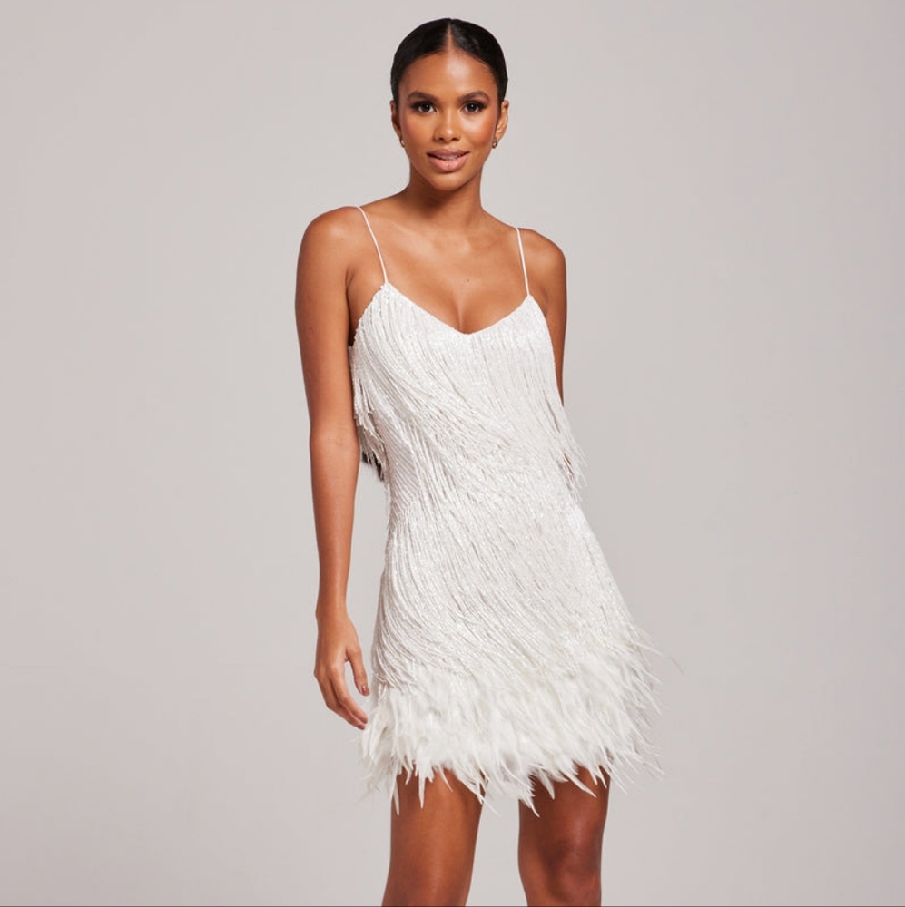 Nadine Merabi Lottie White Beaded Feather Fringe Mini Dress Size L